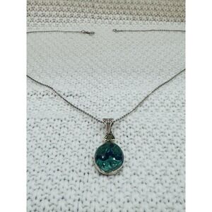 CII 925 Sterling Silver Green Blue Stone Pendant Necklace 24"